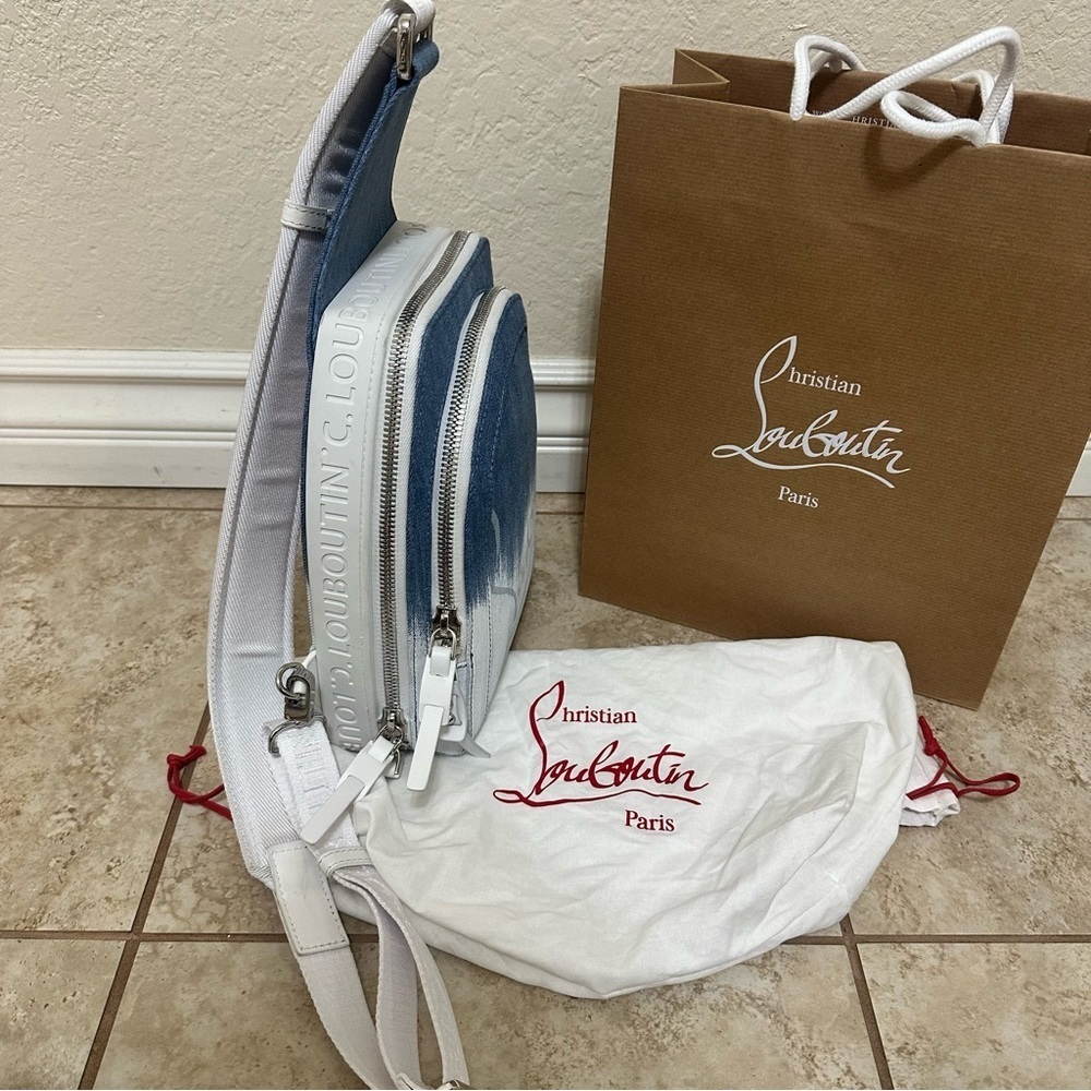 authentic Christian Louboutin Loubifunk Dégradé Denim & Jacquard Backpack - Picture 10 of 11